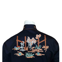 Men's Black Cactus & Cowboy Boots Embroidered Western Shirt