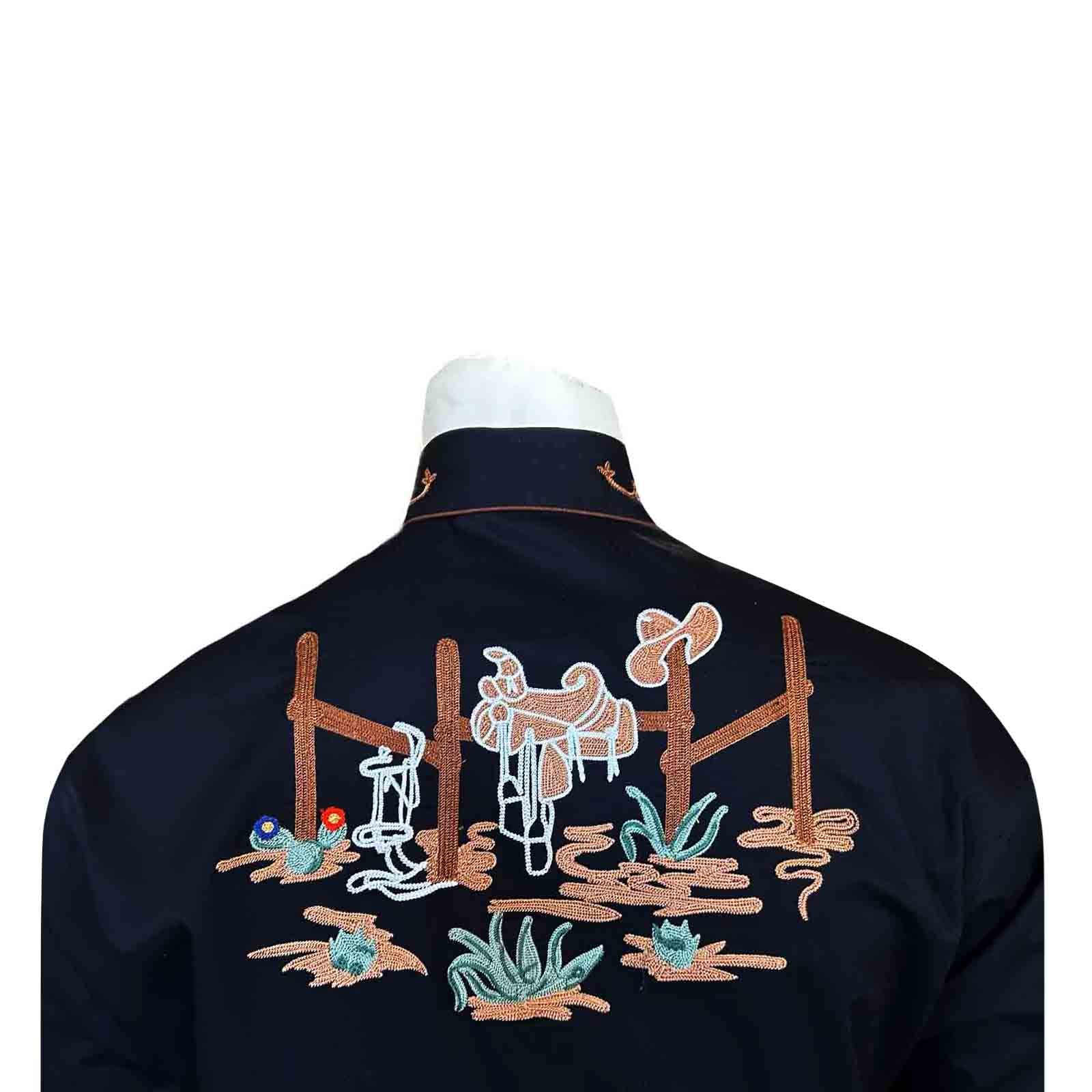 Men's Black Cactus & Cowboy Boots Embroidered Western Shirt