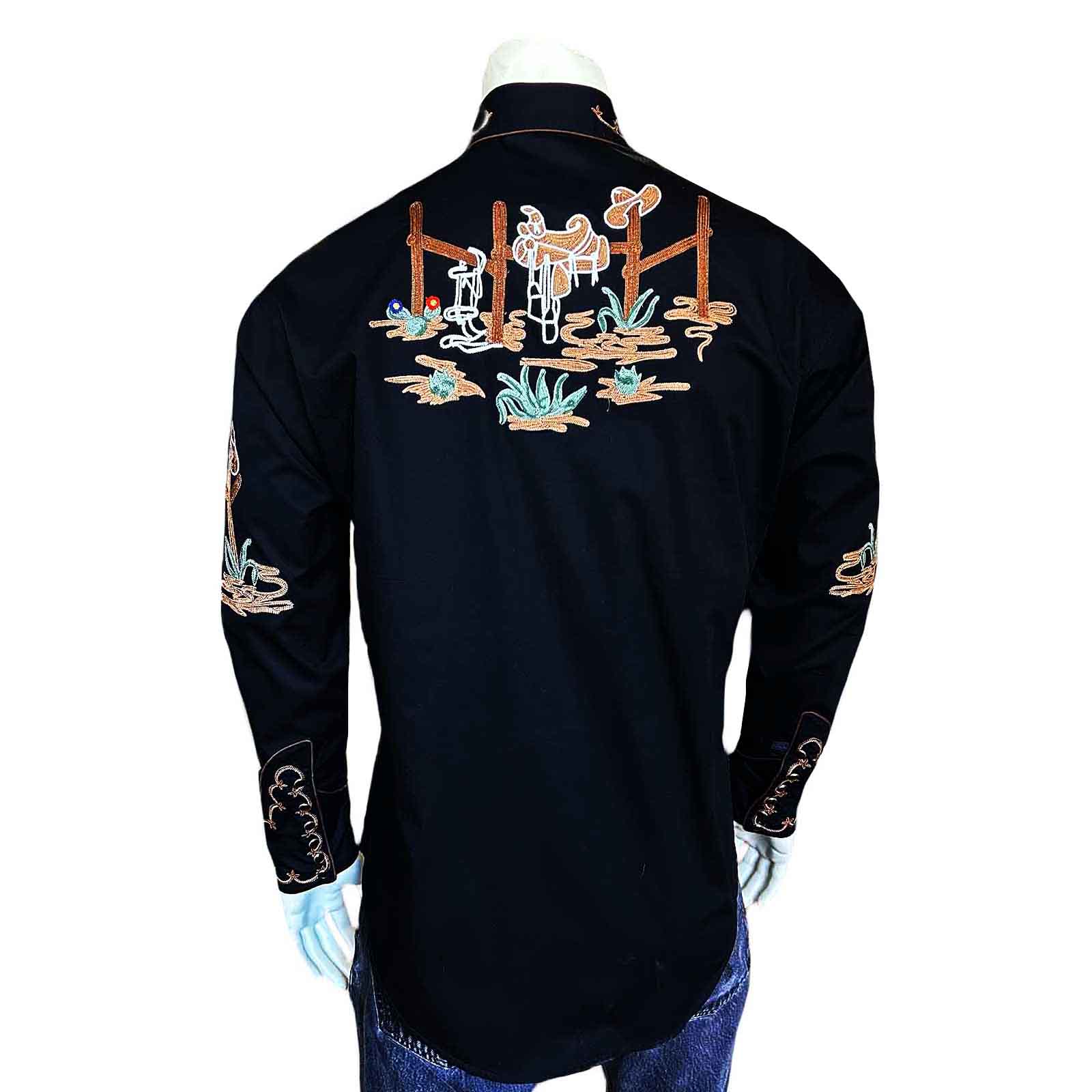 Men's Black Cactus & Cowboy Boots Embroidered Western Shirt