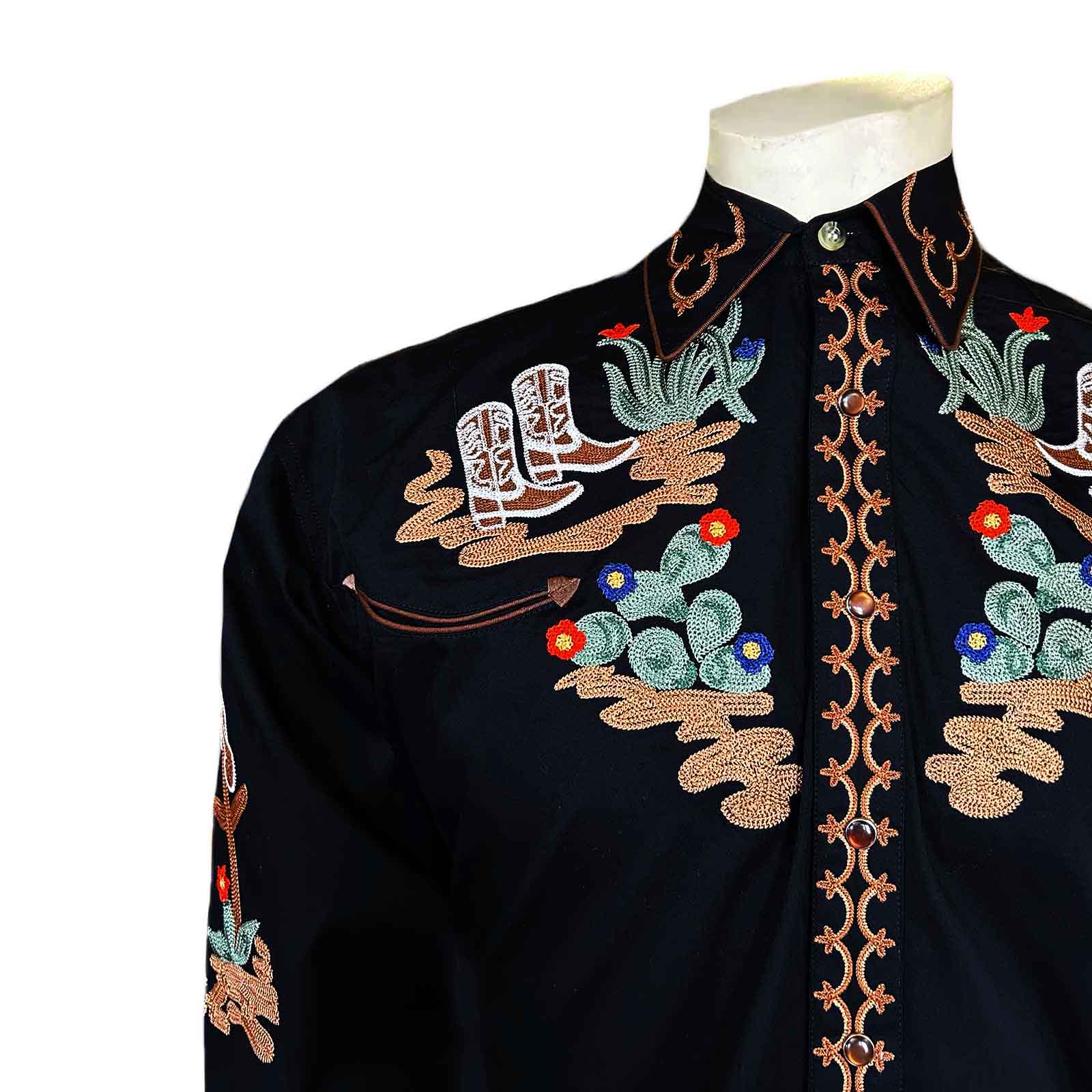 Men's Black Cactus & Cowboy Boots Embroidered Western Shirt