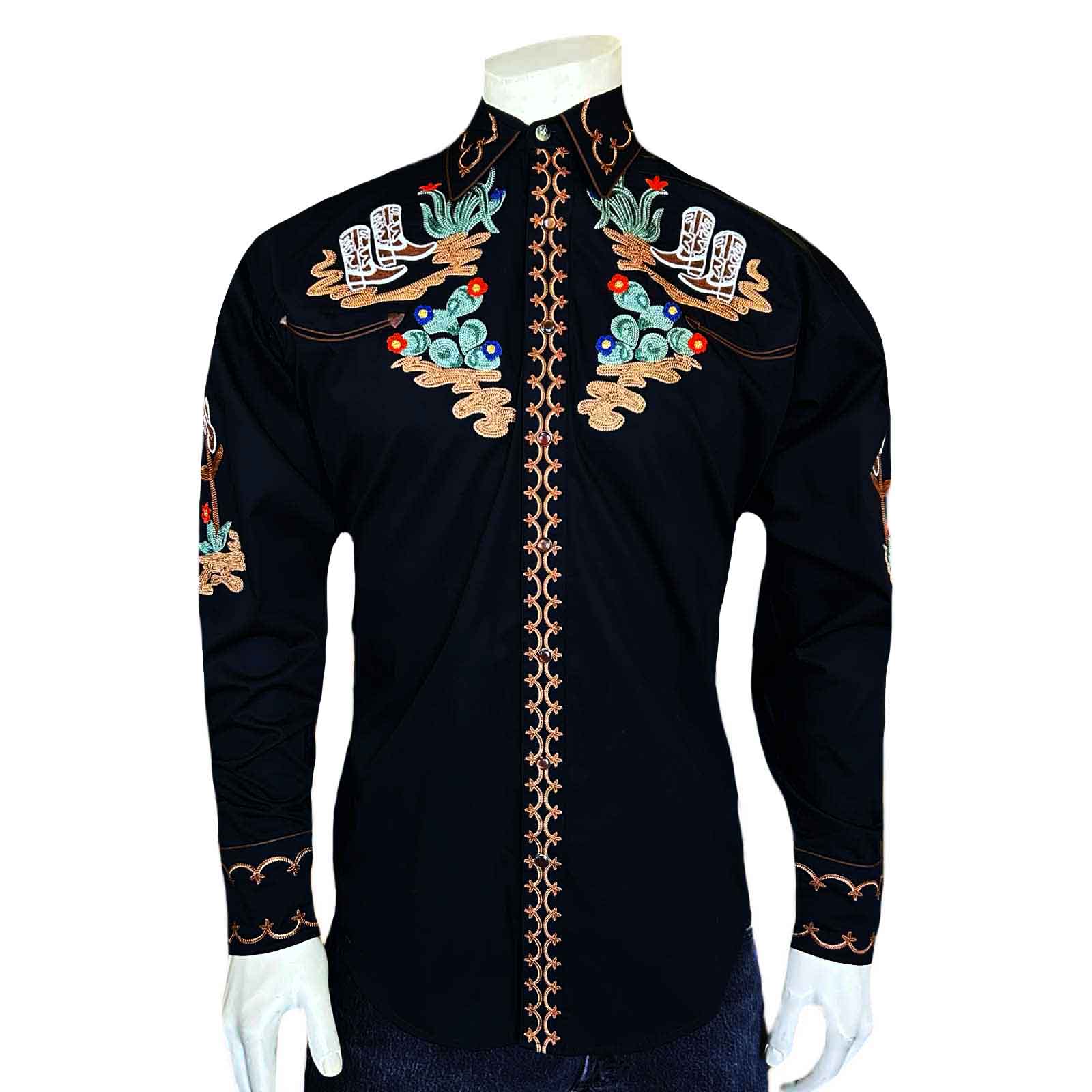 Men's Black Cactus & Cowboy Boots Embroidered Western Shirt
