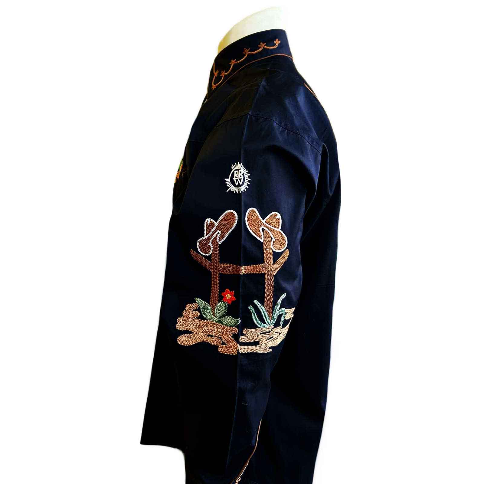 Men's Black Cactus & Cowboy Boots Embroidered Western Shirt