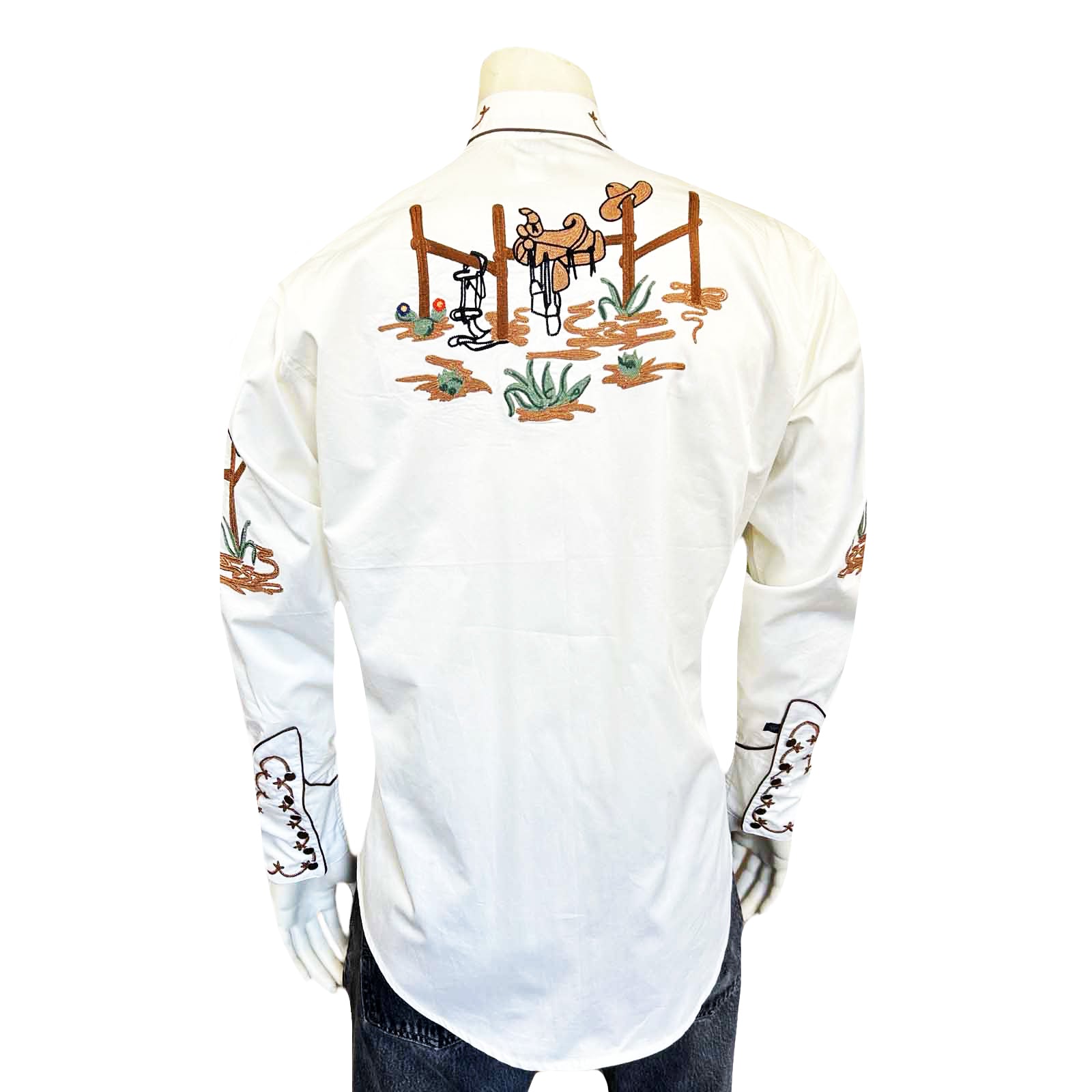 Men's Cactus & Cowboy Boots Embroidered Western Shirt in Ivory