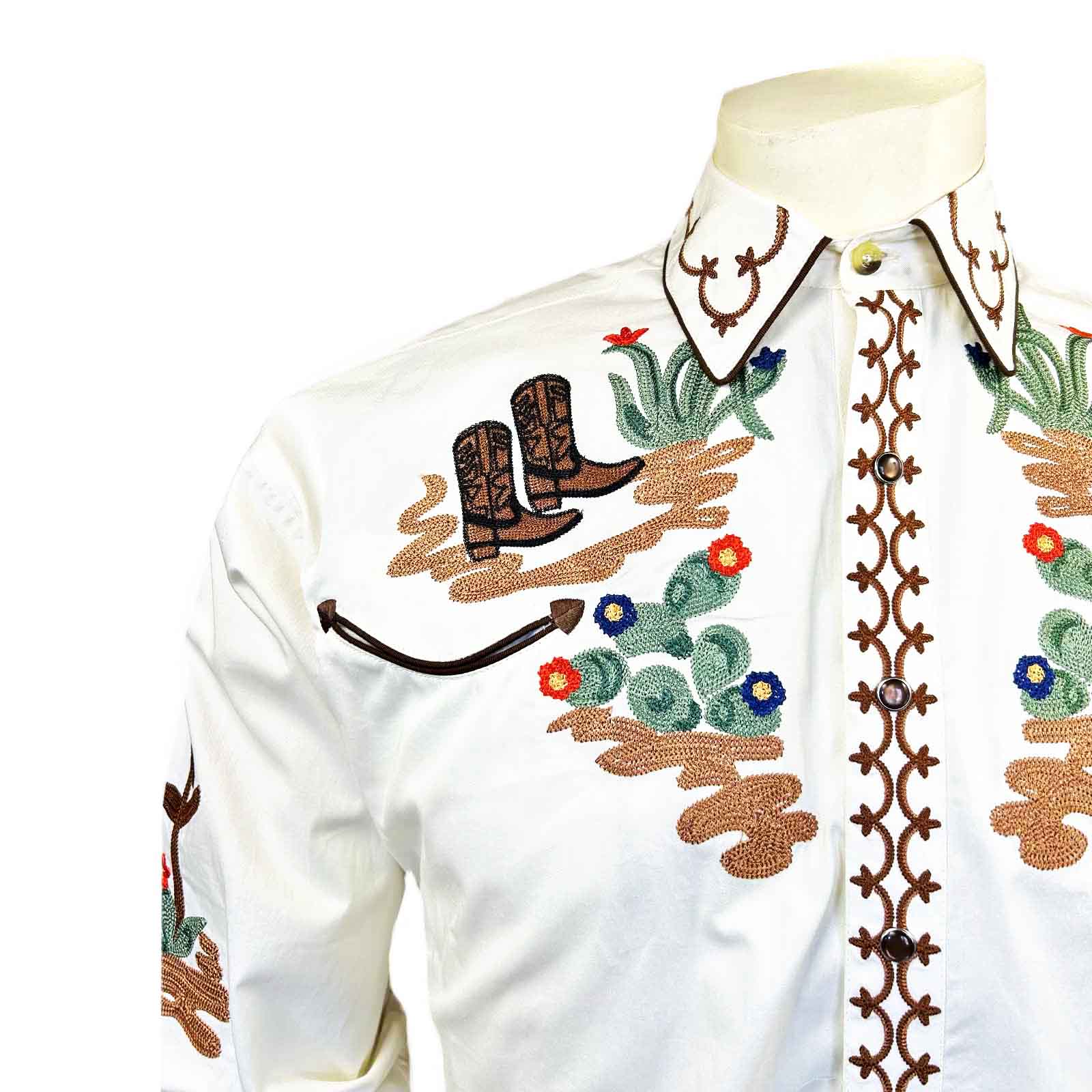 Men's Cactus & Cowboy Boots Embroidered Western Shirt in Ivory