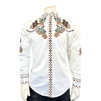 Men's Cactus & Cowboy Boots Embroidered Western Shirt in Ivory