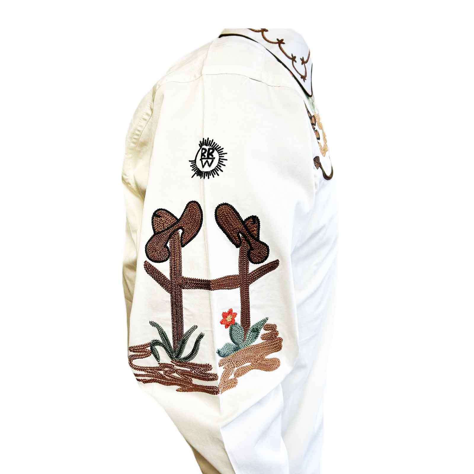 Men's Cactus & Cowboy Boots Embroidered Western Shirt in Ivory