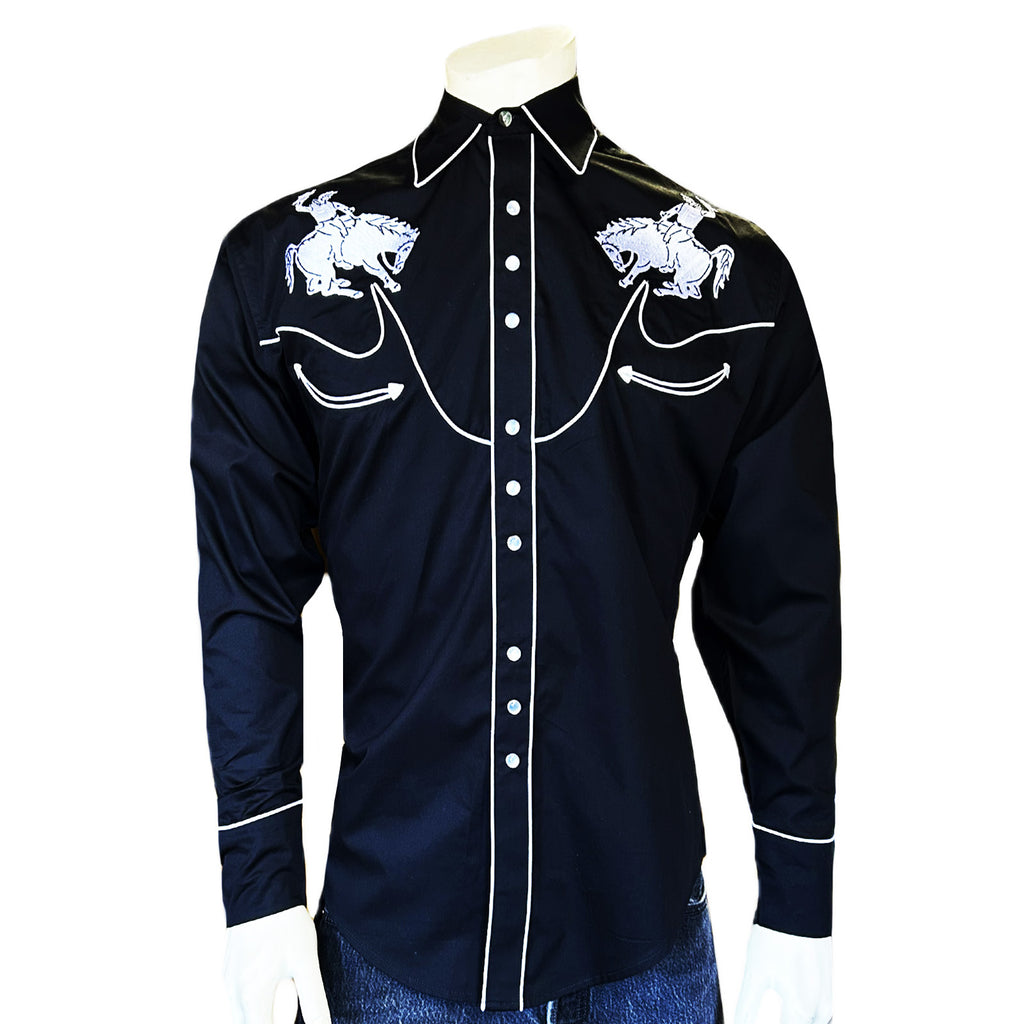 western dress shirts Men's Vintage Bronc Embroidered Western Shirt in Black & White
