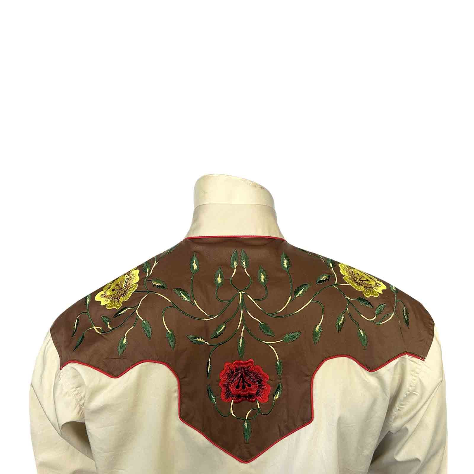 Men's 2-Tone Brown & Tan Floral Embroidered Western Shirt