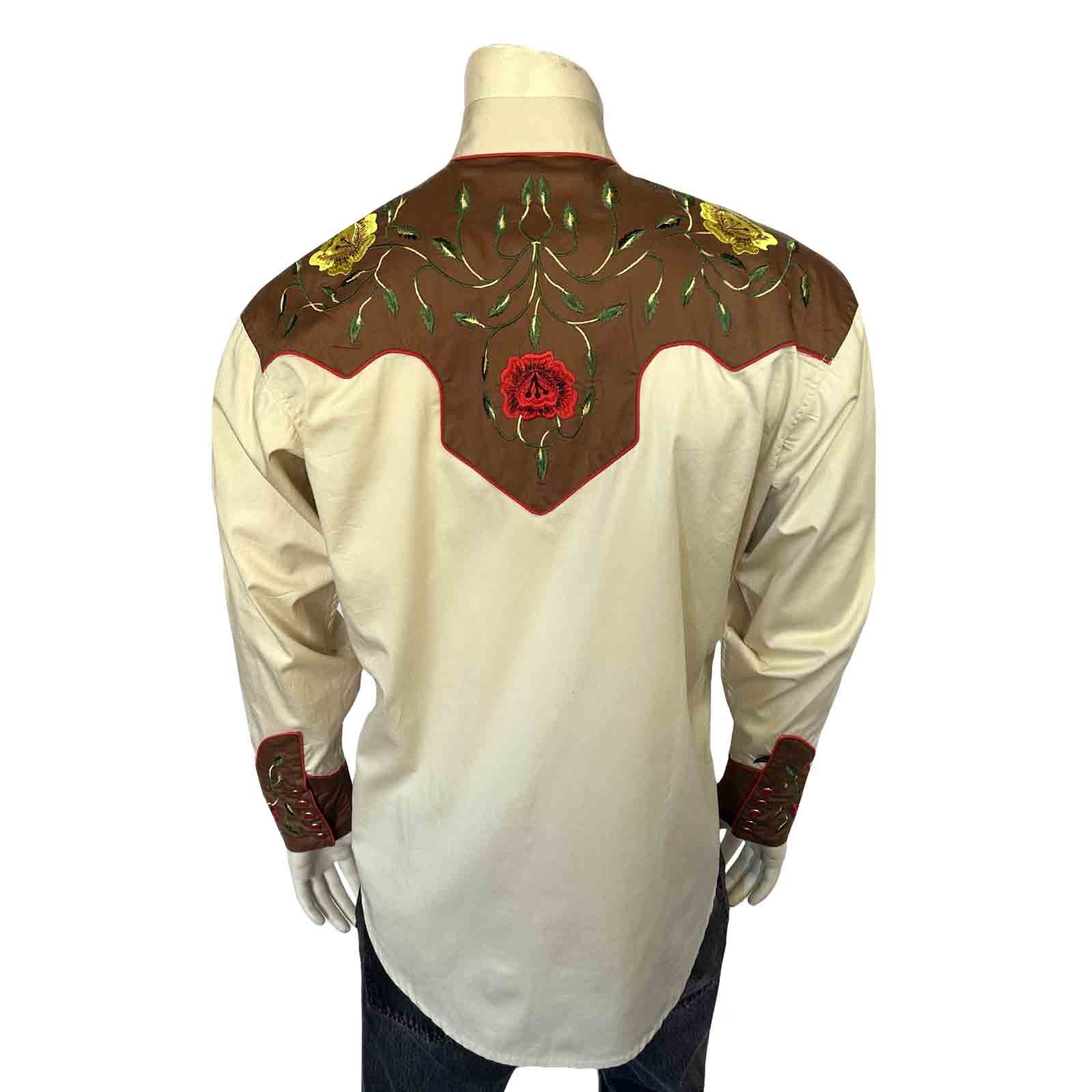 Men's 2-Tone Brown & Tan Floral Embroidered Western Shirt