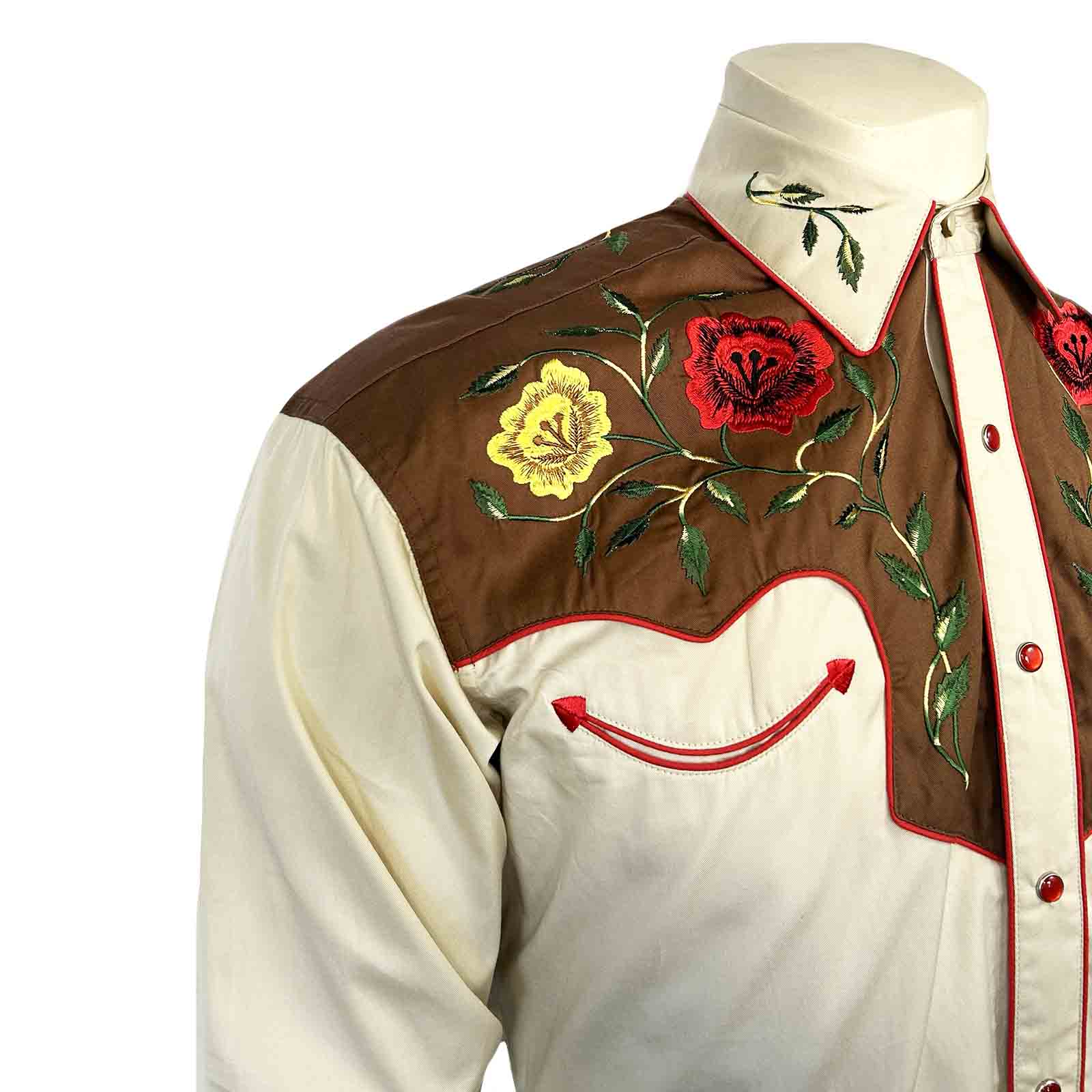 Men's 2-Tone Brown & Tan Floral Embroidered Western Shirt
