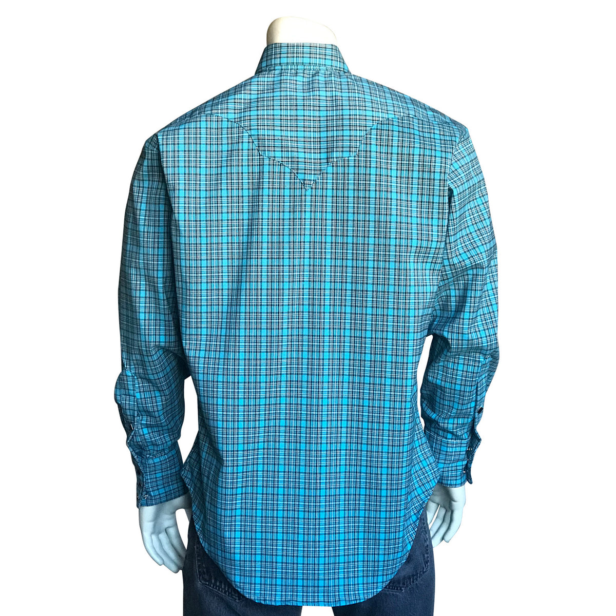Men’s Turquoise & Black Windowpane Check Western Shirt