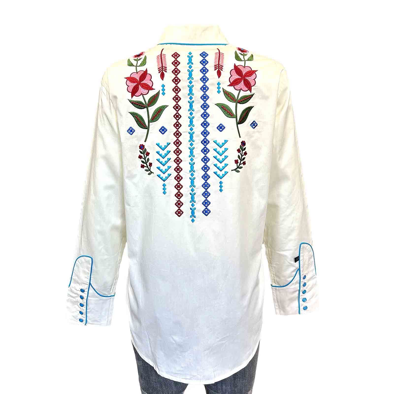 Women's Ivory Boho Serape Western Shirt with Cascading Embroidery