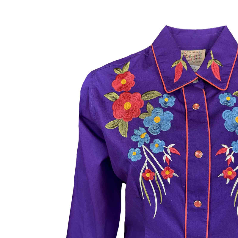 Women's Vintage Floral Bouquet Embroidered Western Shirt in Purple