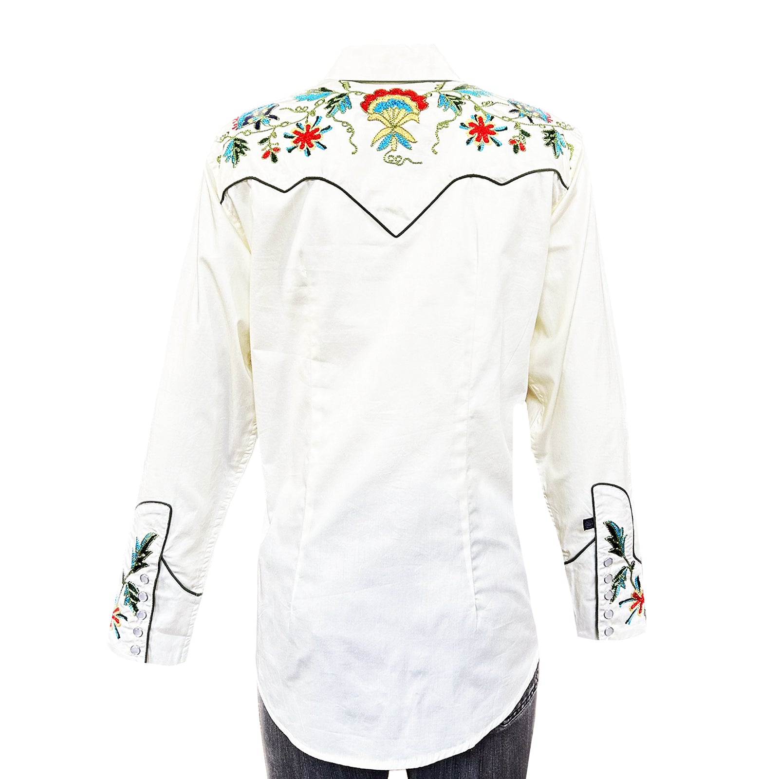 Women's Ivory Floral Embroidered Cotton Gabardine Western Shirt