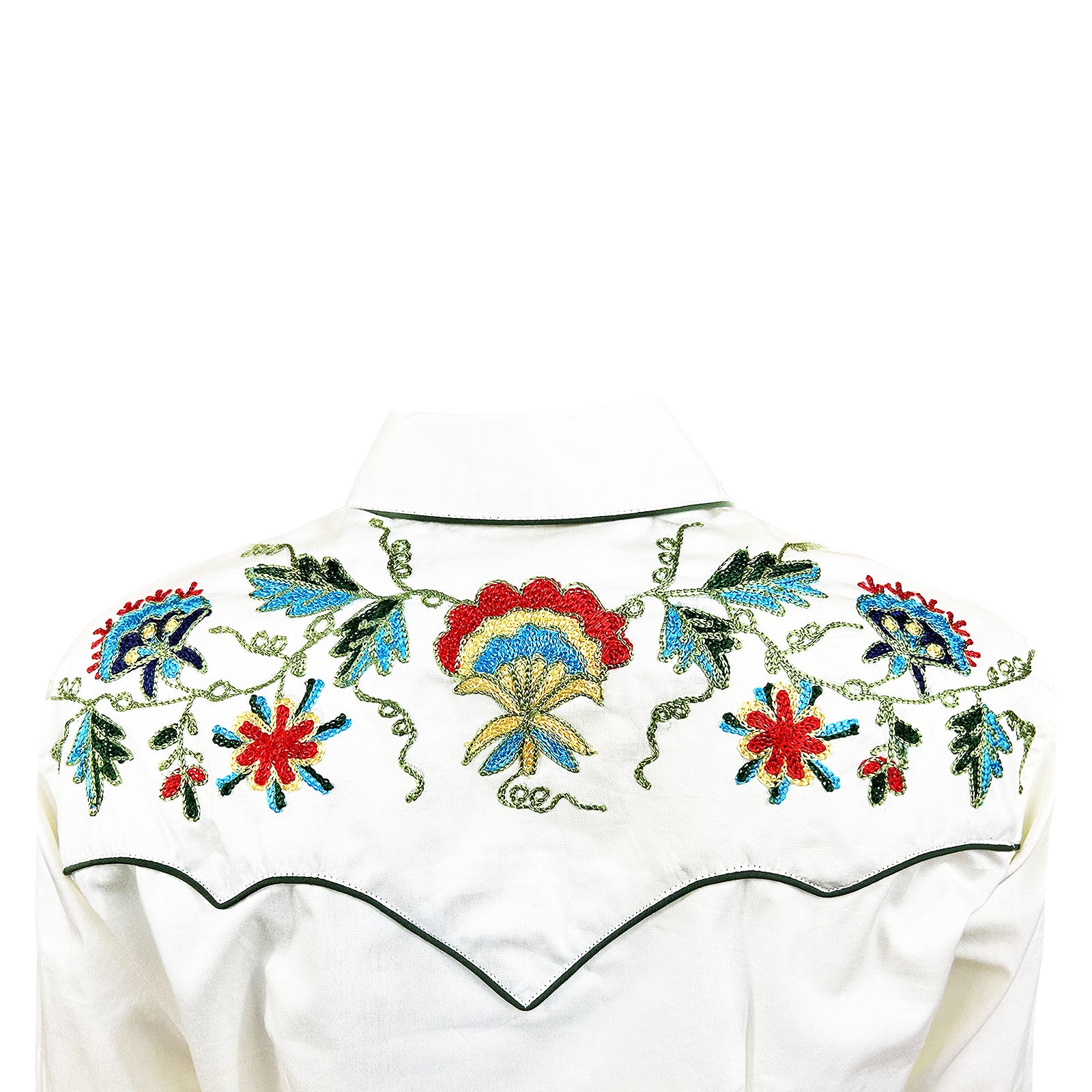 Women's Ivory Floral Embroidered Cotton Gabardine Western Shirt