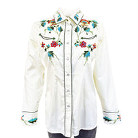 Women's Ivory Floral Embroidered Cotton Gabardine Western Shirt