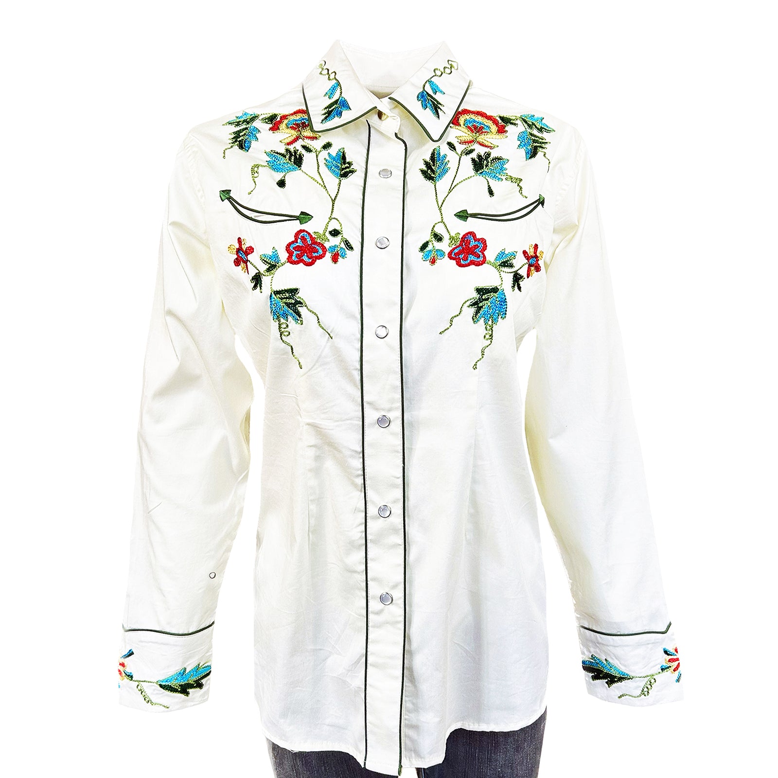 Women's Ivory Floral Embroidered Cotton Gabardine Western Shirt