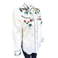 Women's Ivory Floral Embroidered Cotton Gabardine Western Shirt