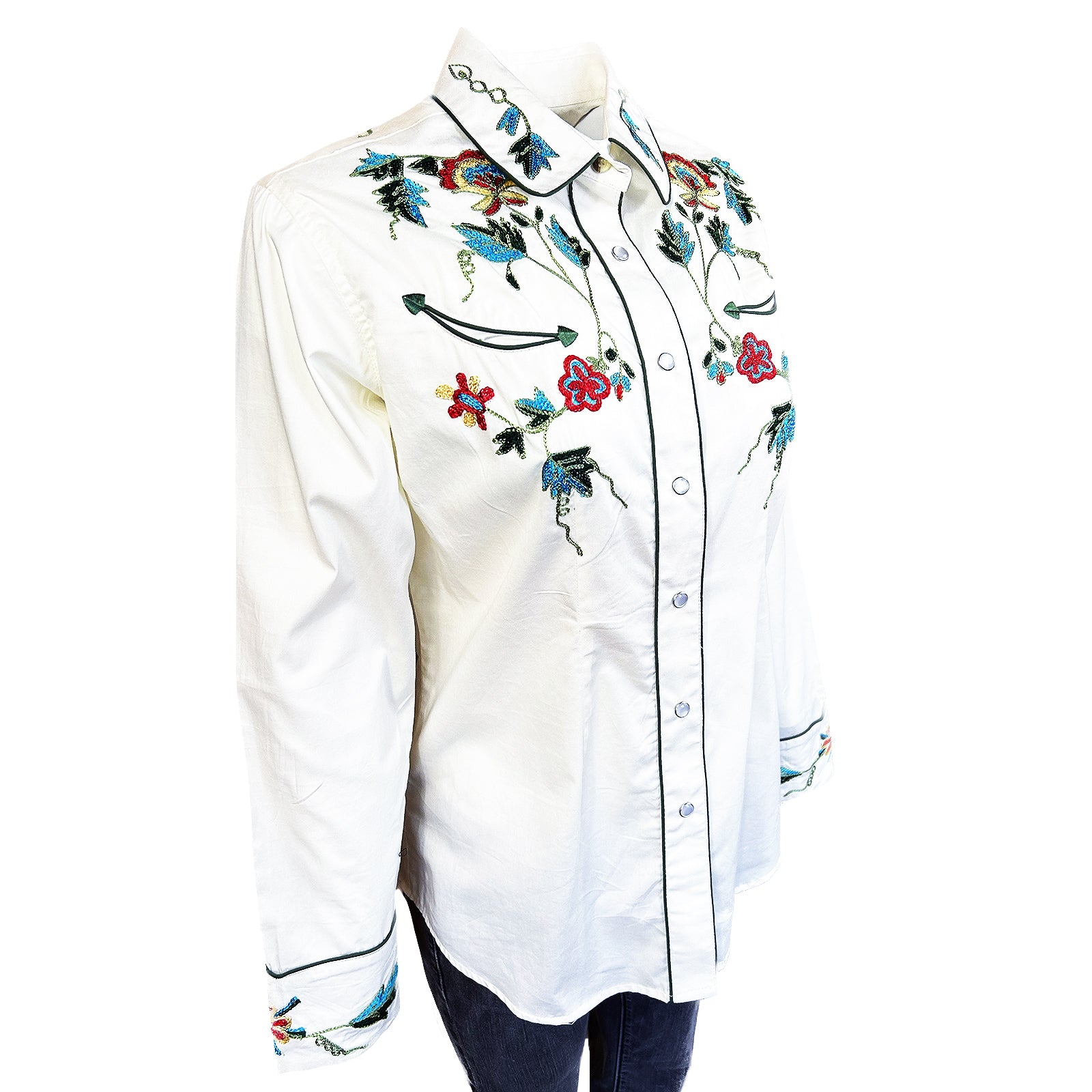 Women's Ivory Floral Embroidered Cotton Gabardine Western Shirt