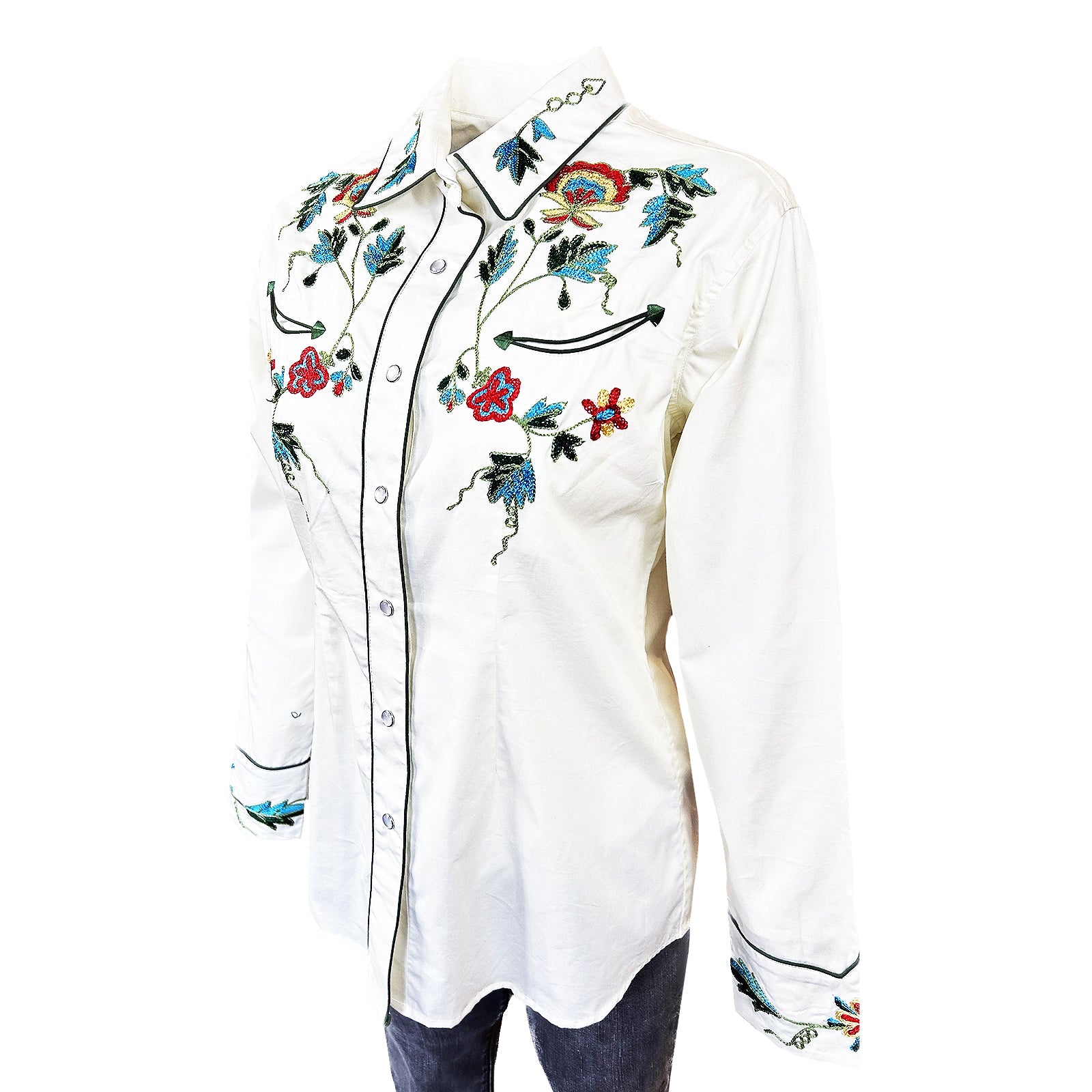 Women's Ivory Floral Embroidered Cotton Gabardine Western Shirt