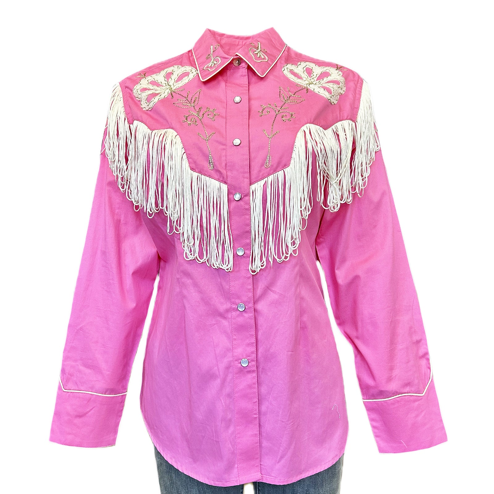 Women's Vintage Pink Fringe Embroidered Western Shirt