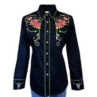 Women's Vinatge Black Steer Longhorn & Floral Embroidered Western Shirt