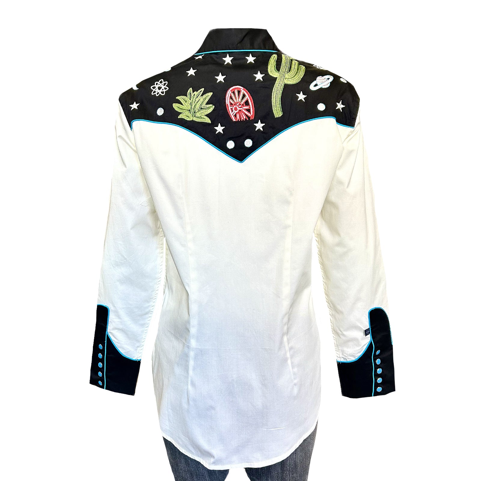 Women's Vintage Black Cactus & Stars Chain Stitch Embroidered Western Shirt