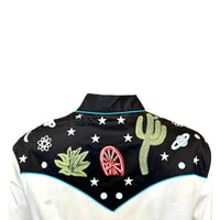 Women's Vintage Black Cactus & Stars Chain Stitch Embroidered Western Shirt