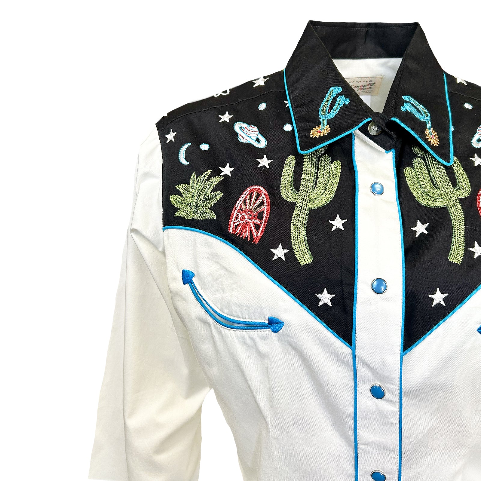 Women's Vintage Black Cactus & Stars Chain Stitch Embroidered Western Shirt