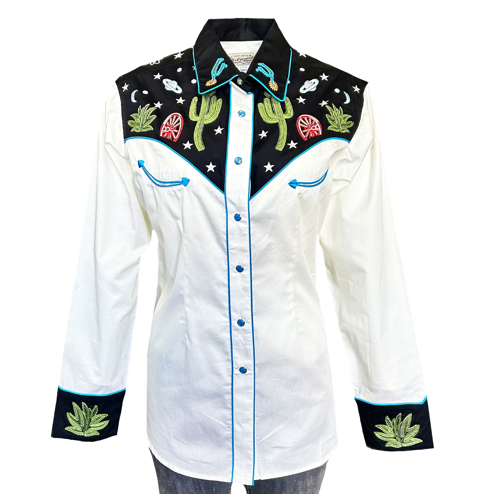 Women's Vintage Black Cactus & Stars Chain Stitch Embroidered Western Shirt