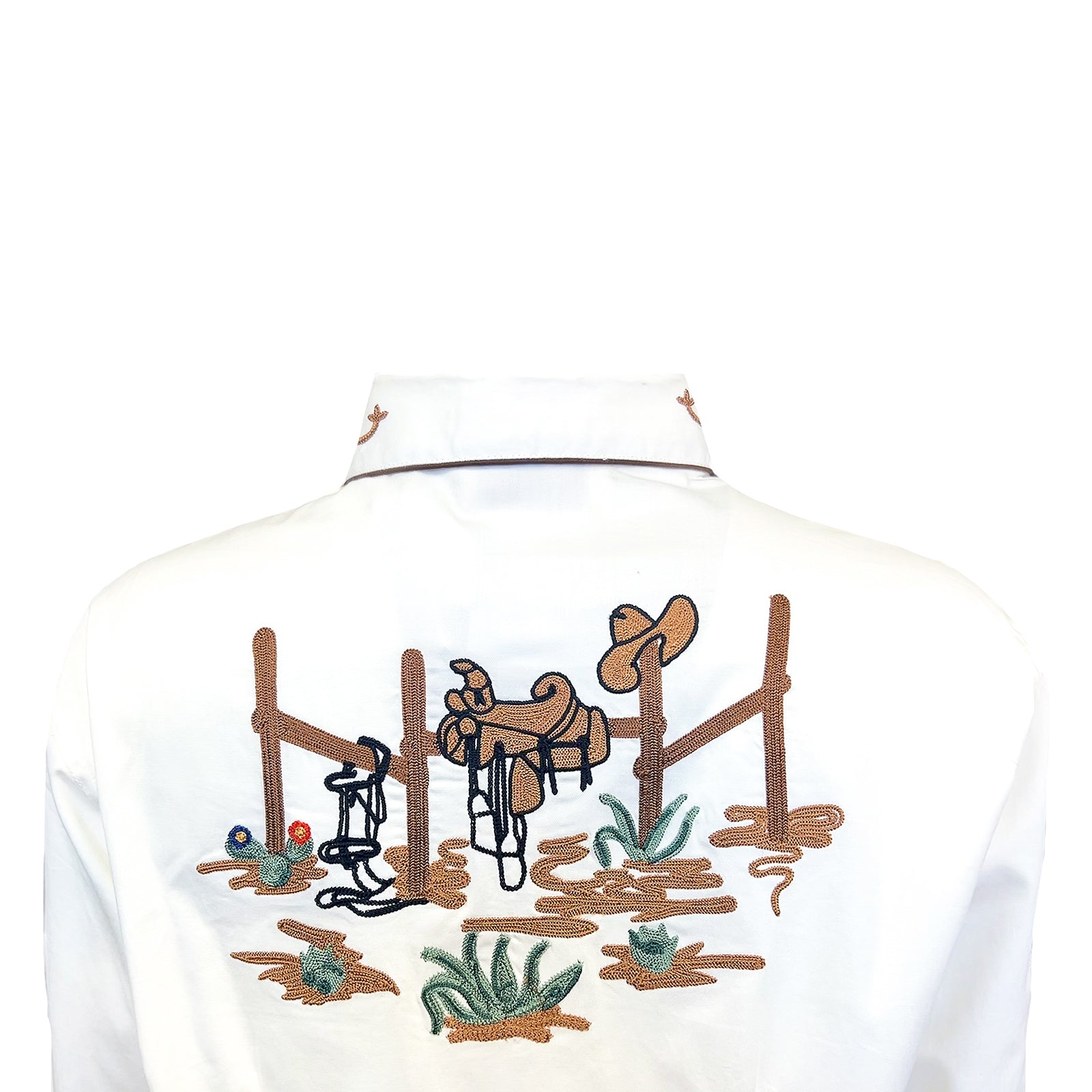 Women's Vintage Ivory Cactus & Cowgirl Boots Embroidered Western Shirt