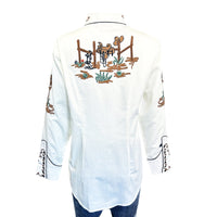 Women's Vintage Ivory Cactus & Cowgirl Boots Embroidered Western Shirt