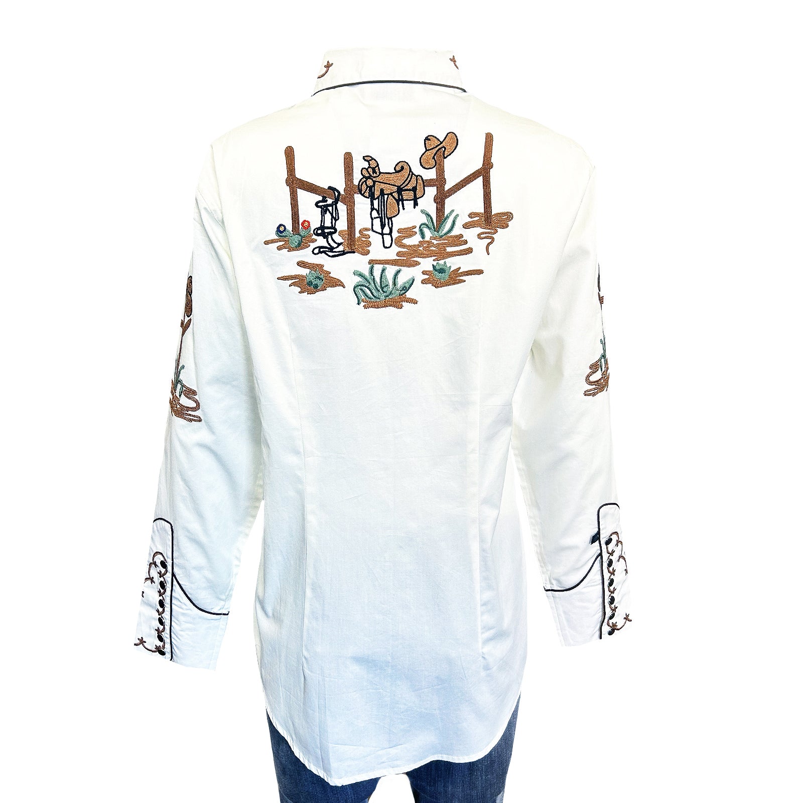 Women's Vintage Ivory Cactus & Cowgirl Boots Embroidered Western Shirt