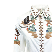 Women's Vintage Ivory Cactus & Cowgirl Boots Embroidered Western Shirt