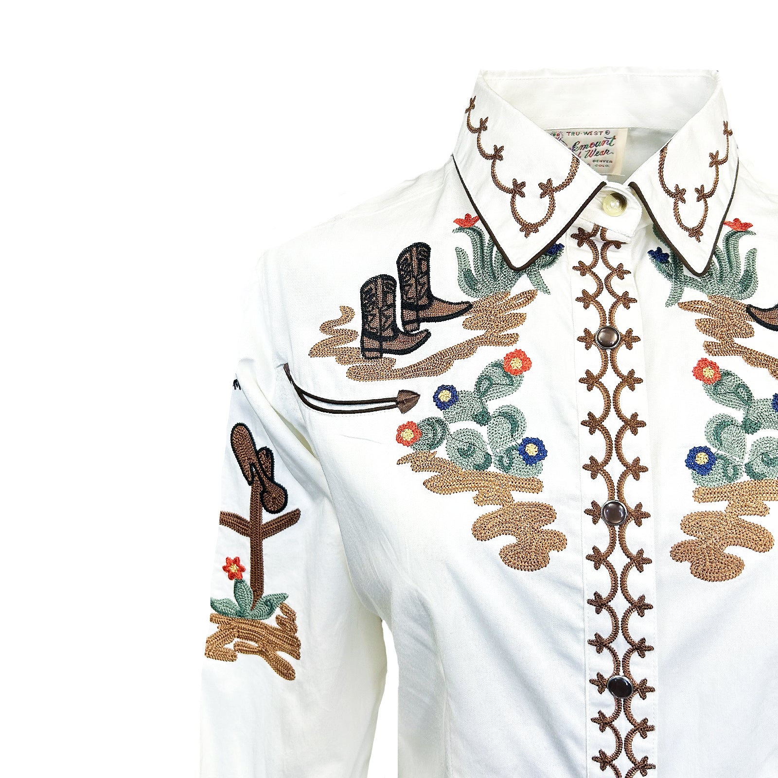 Women's Vintage Ivory Cactus & Cowgirl Boots Embroidered Western Shirt