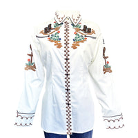 Women's Vintage Ivory Cactus & Cowgirl Boots Embroidered Western Shirt