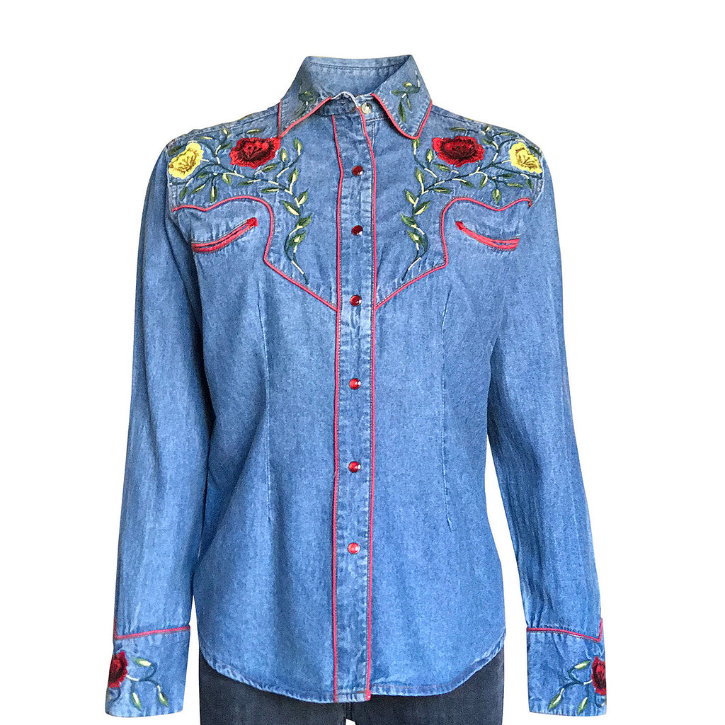 Women's Floral Embroidered Denim Western Shirt – Skip's Western