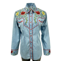 Women's Vintage Denim Floral Embroidered Western Shirt