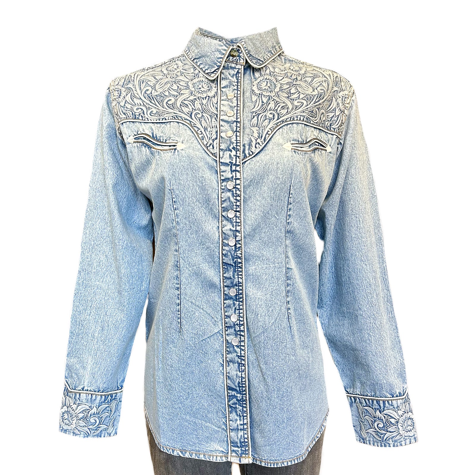 Women's Vintage Denim & Blue Tooling Embroidered Western Shirt