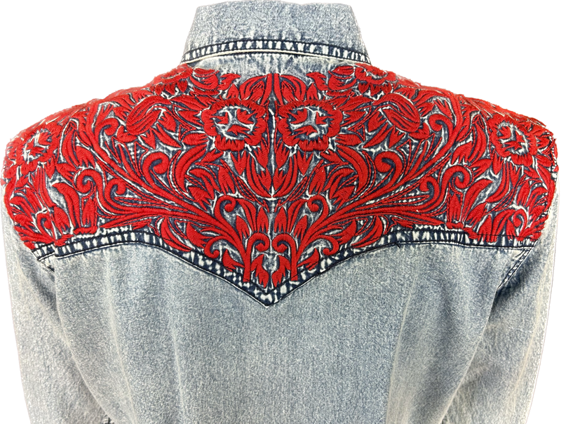 Women's Denim & Red Tooling Embroidery Western Dress