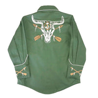 Kid's Vintage Green Steer Skull & Arrow Chain Stitch Embroidered Western Shirt