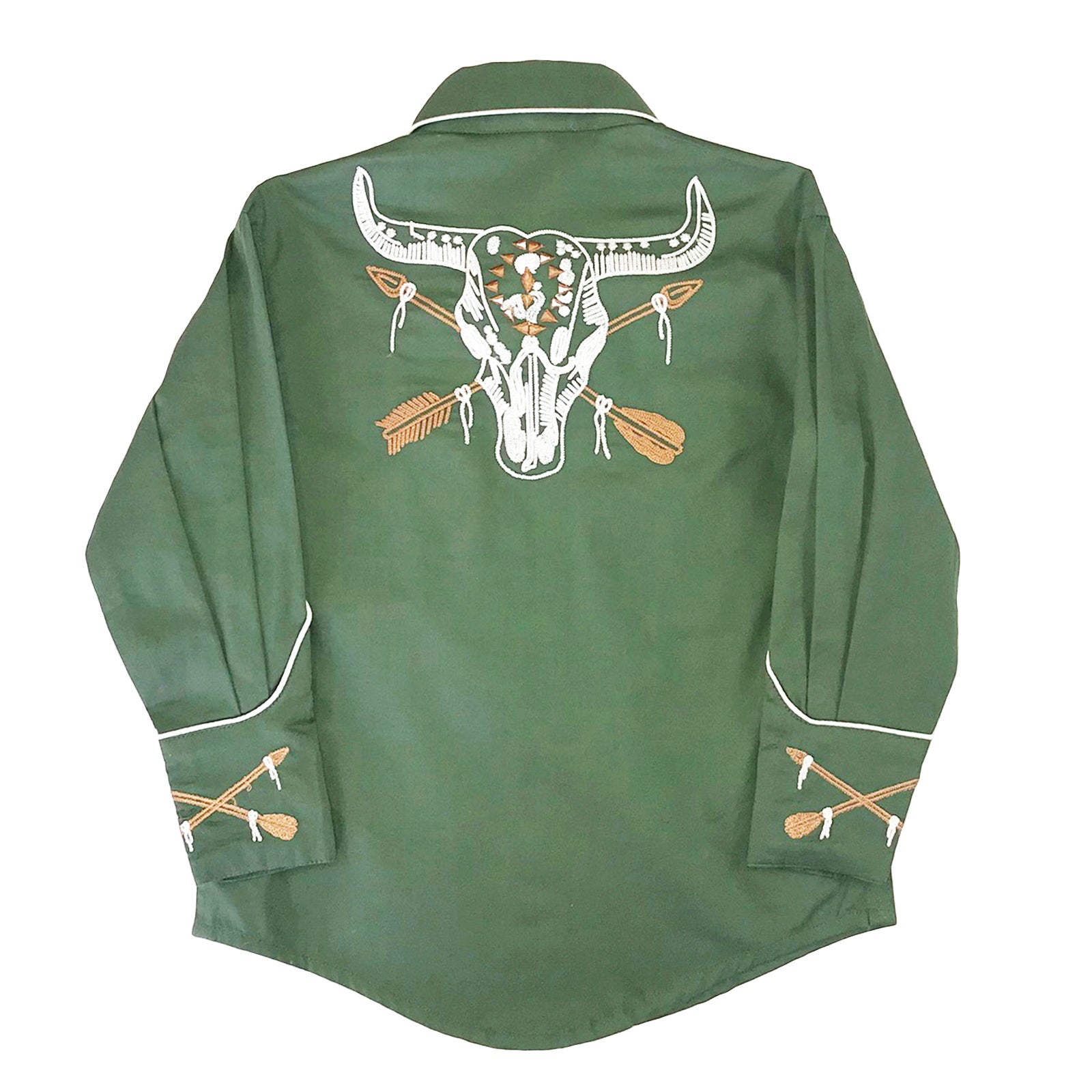 Kid's Vintage Green Steer Skull & Arrow Chain Stitch Embroidered Western Shirt