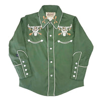 Kid's Vintage Green Steer Skull & Arrow Chain Stitch Embroidered Western Shirt