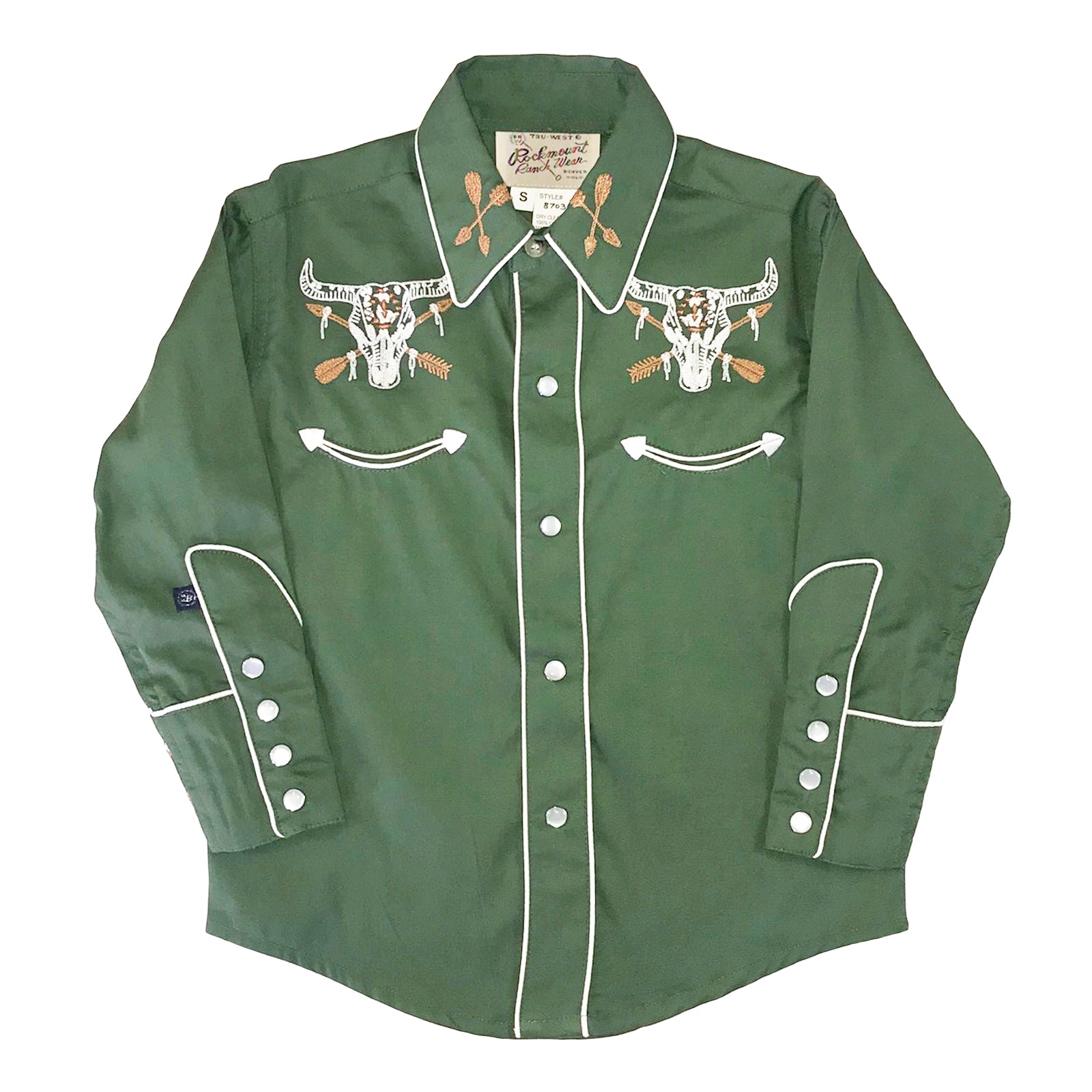 Kid's Vintage Green Steer Skull & Arrow Chain Stitch Embroidered Western Shirt