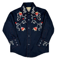Kid's Navy Art Deco Floral Embroidered Western Shirt