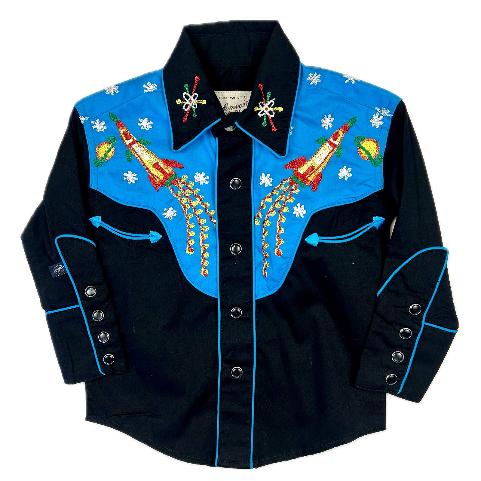 Kid's 2-Tone Space Cowboy Embroidered Western Shirt in Black & Turquoise