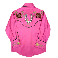 Kid's Pink Embroidered Floral with Lucky Horseshoes Western Shirt