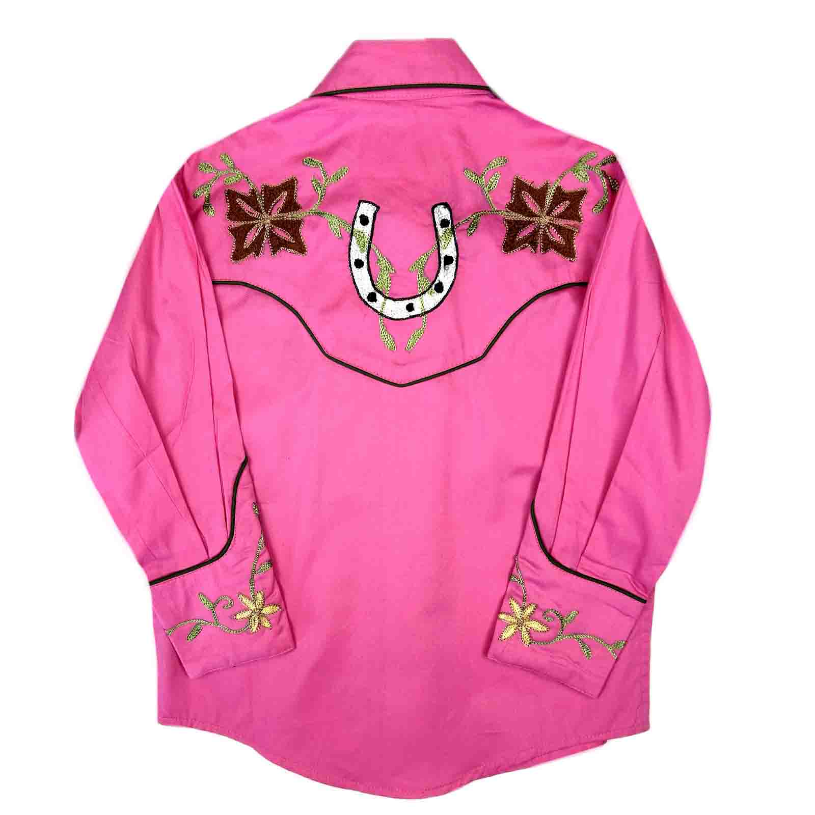 Kid's Pink Embroidered Floral with Lucky Horseshoes Western Shirt