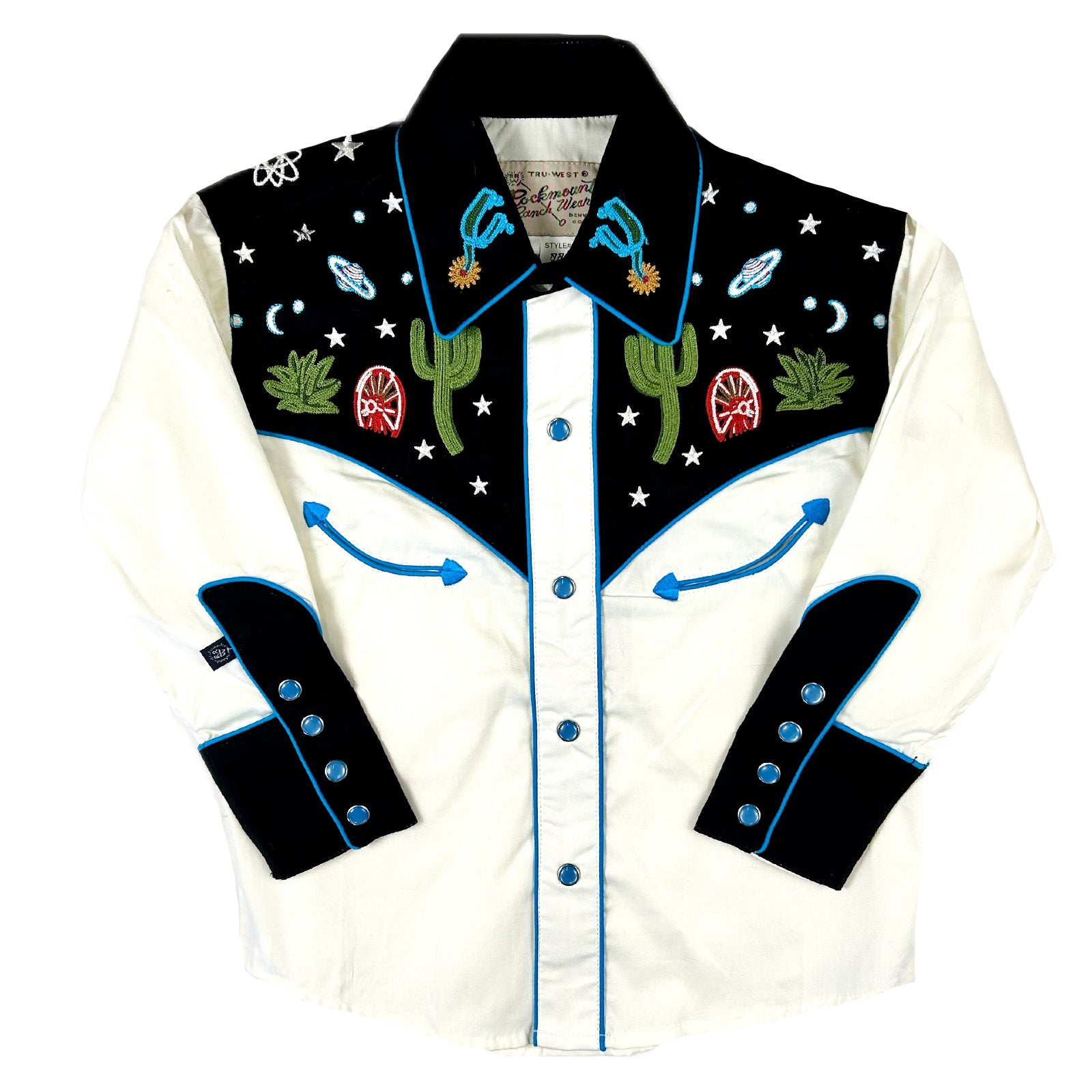 Kid's Vintage Black Cactus & Stars Chain Stitch Embroidered Western Shirt