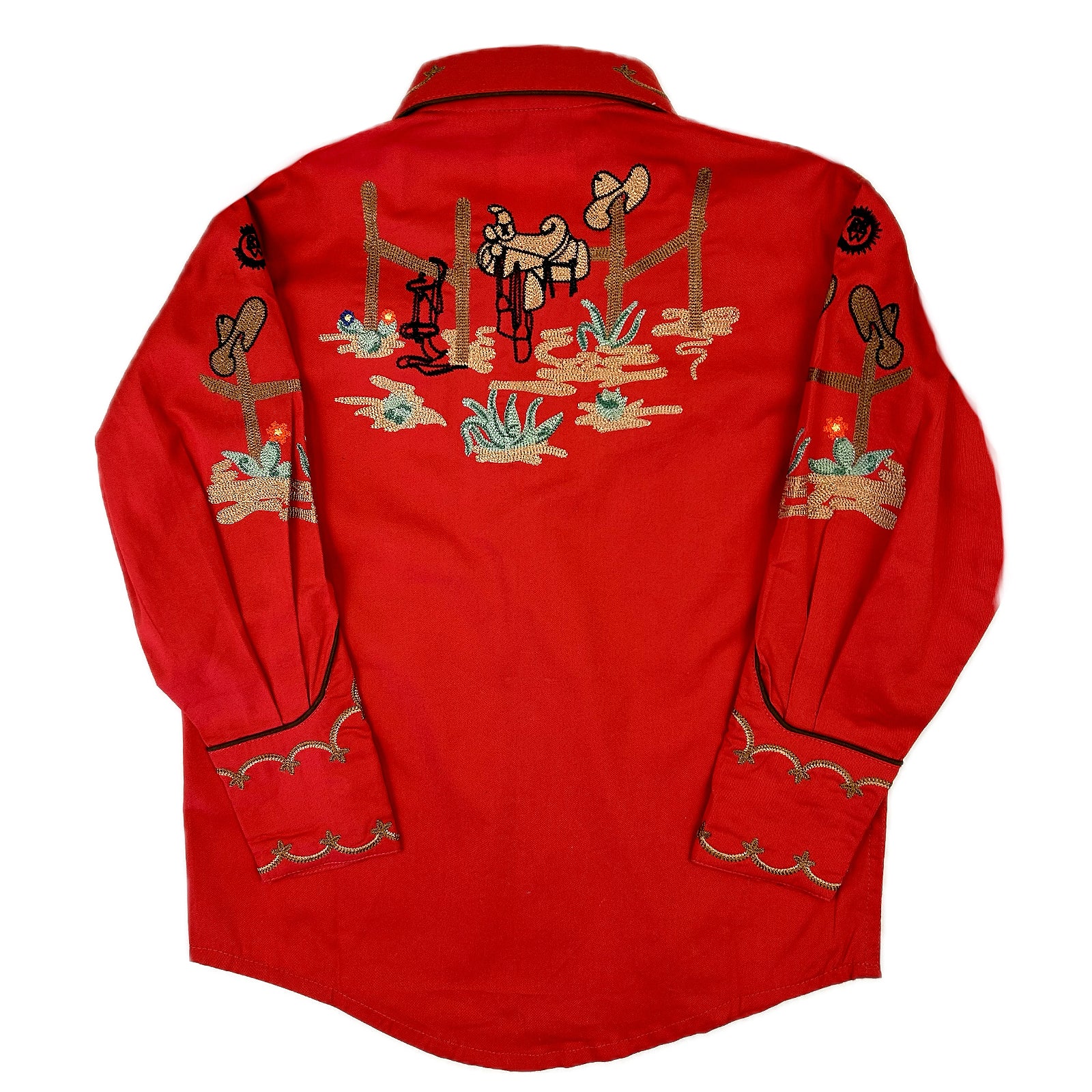 Kid's Red Cactus & Cowboy Boots Embroidered Western Shirt